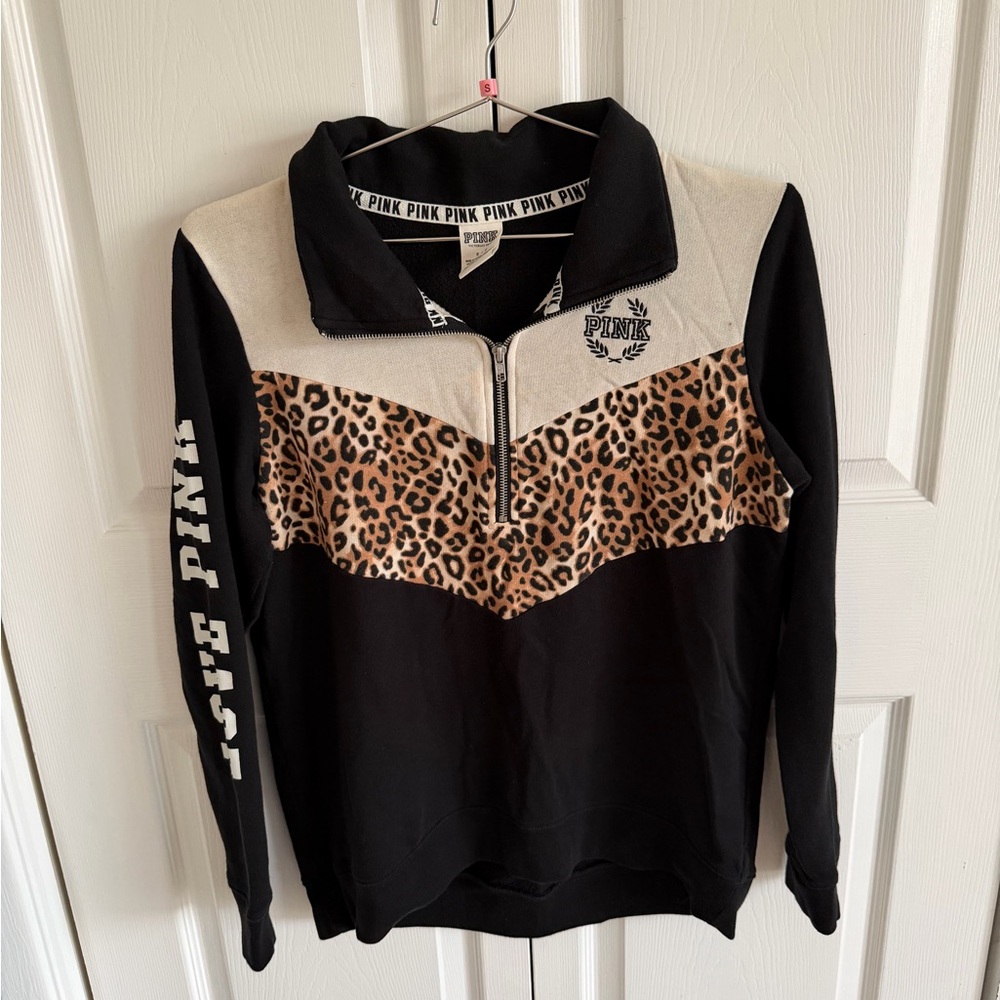 Victoria's Secret PINK Black & Leopard/Cheetah Quarter Zip Sweatshirt